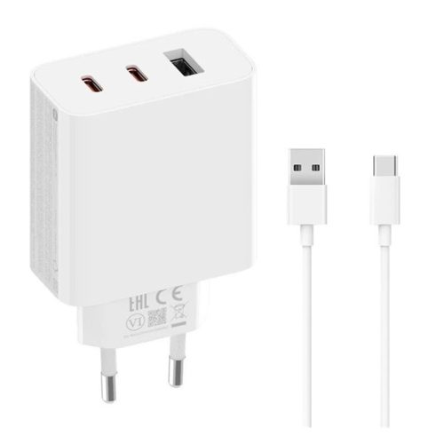 XIAOMI hálózati töltő USB+2 Type-C aljzat (67W, GaN, gyorstöltő + Type-C kábel) FEHÉR