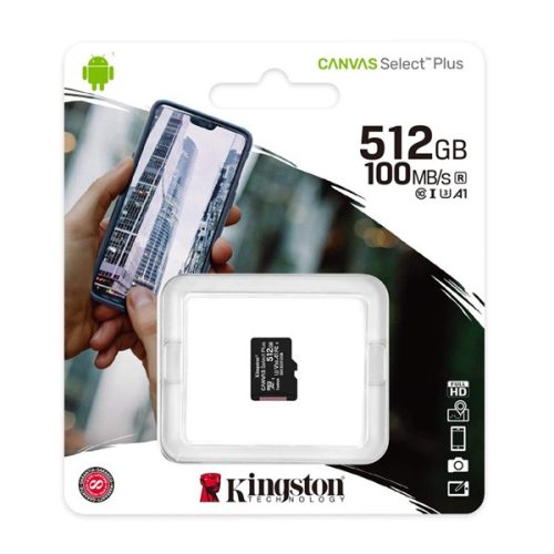 KINGSTON memóriakártya 512GB (microSDHC Canvas Select Plus - Class 10, UHS-1, U3, V30, A1) - adapter nélkül