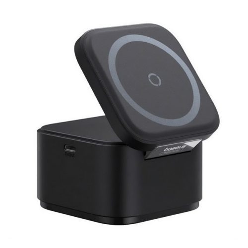 BASEUS asztali töltő 2in1 (20W, wireless, Apple Airpods + csévélhető Type-C tápkábel) FEKETE