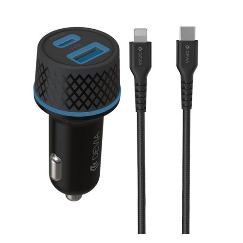 DEVIA EXTREME autós töltő USB+Type-C aljzat (52.5W, PD gyorstöltő 3.0 + lightning kábel) FEKETE