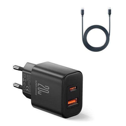 JOYROOM hálózati töltő USB+Type-C aljzat (20W, PD gyorstöltő + Type-C kábel) FEKETE