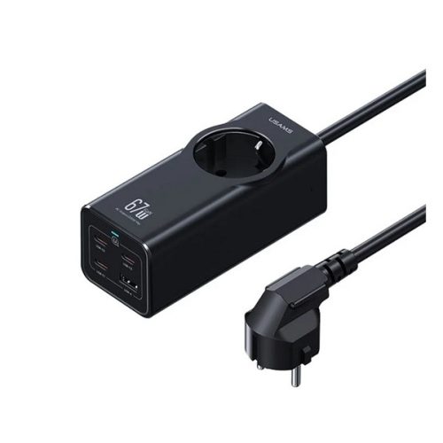USAMS hálózati elosztó AC+USB+3 Type-C aljzat (67W, GaN, PD gyorstöltő + 150cm tápkábel) FEKETE
