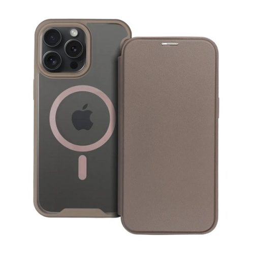 Tok álló, bőr hatású (FLIP, oldalra nyíló, kártyazseb, kameravédő, mágneses, átlátszó matt hátlap, MagSafe) TITÁNSZÜRKE