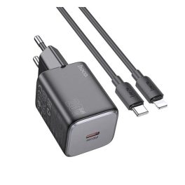   HOCO SPINNER hálózati töltő Type-C aljzat (20W, PD gyorstöltő 3.0 + lightning kábel) FEKETE