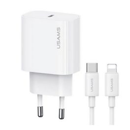   USAMS T65 hálózati töltő Type-C aljzat (20W, PD gyorstöltő + lightning kábel) FEHÉR