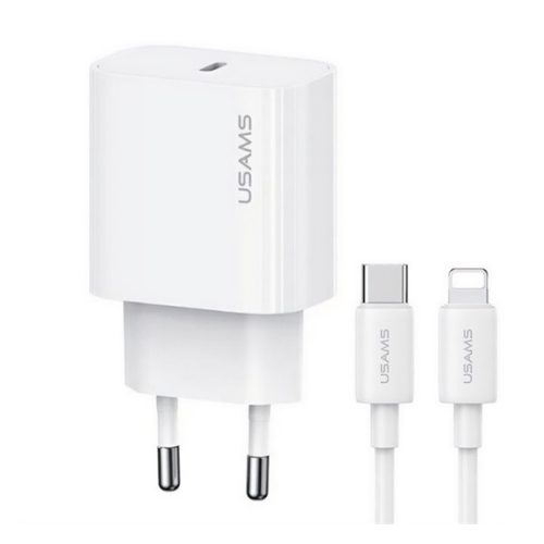 USAMS T65 hálózati töltő Type-C aljzat (20W, PD gyorstöltő + lightning kábel) FEHÉR