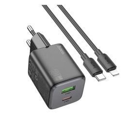   HOCO N41 hálózati töltő USB+Type-C aljzat (20W, GaN, PD gyorstöltő 3.0 + lightning kábel) FEKETE