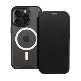 Tok álló, bőr hatású (FLIP, oldalra nyíló, kártyazseb, kameravédő, mágneses, átlátszó matt hátlap, MagSafe) FEKETE   Tok álló, bőr hatású (FLIP, oldalra nyíló, kártyazseb, kameravédő, mágneses, átlátszó matt hátlap, MagSafe) FEKETE