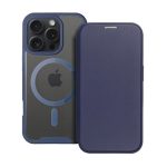 Tok álló, bőr hatású (FLIP, oldalra nyíló, kártyazseb, kameravédő, mágneses, átlátszó matt hátlap, MagSafe) SÖTÉTKÉK