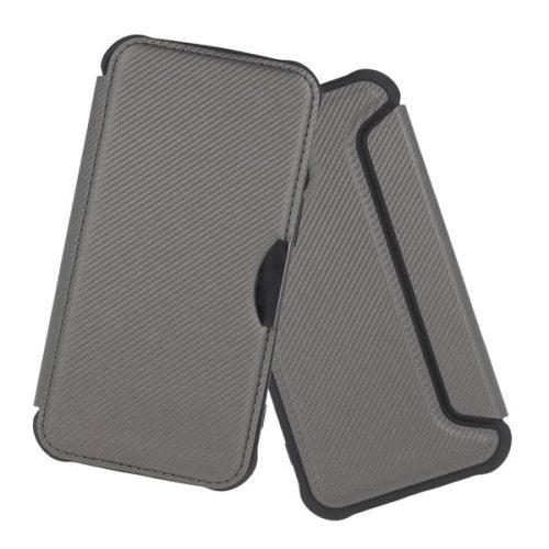 Tok álló, bőr hatású (FLIP, oldalra nyíló, ütésállóság, légpárnás sarok, kameravédő, karbon minta) EZÜST