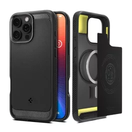   SPIGEN RUGGED ARMOR szilikon telefonvédő (ütésállóság, légpárnás sarok, karbon minta, MagSafe) FEKETE