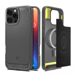   SPIGEN RUGGED ARMOR szilikon telefonvédő (ütésállóság, légpárnás sarok, karbon minta, MagSafe) VILÁGOSSZÜRKE