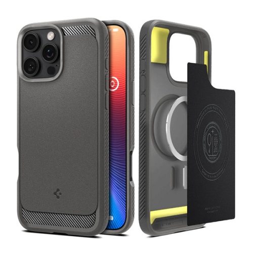 SPIGEN RUGGED ARMOR szilikon telefonvédő (ütésállóság, légpárnás sarok, karbon minta, MagSafe) VILÁGOSSZÜRKE