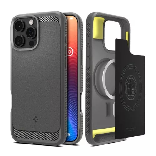 SPIGEN RUGGED ARMOR szilikon telefonvédő (ütésállóság, légpárnás sarok, karbon minta, MagSafe) VILÁGOSSZÜRKE
