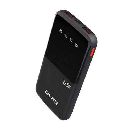 AWEI P10K vésztöltő 2 USB+Type-C aljzat (10000mAh, 22.5W, PD gyorstöltő, LED kijelző) FEKETE
