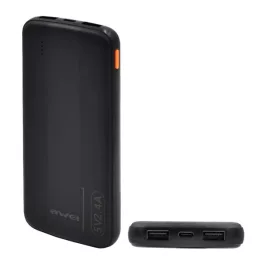   AWEI P20K vésztöltő 2 USB+Type-C aljzat (10000mAh, 2.4A, PD gyorstöltő) FEKETE