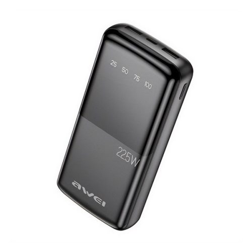 AWEI P13K vésztöltő 2 USB+Type-C aljzat (20000mAh, 22.5W, PD gyorstöltő, LED kijelző) FEKETE