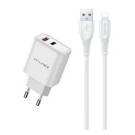   AWEI PD81L-EU hálózati töltő USB+Type-C aljzat (22.5W, GaN, PD gyorstöltő + lightning kábel) FEHÉR
