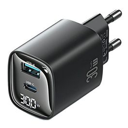  USAMS CC229 hálózati töltő USB+Type-C aljzat (30W, GaN, PD gyorstöltő, LED kijelző) FEKETE