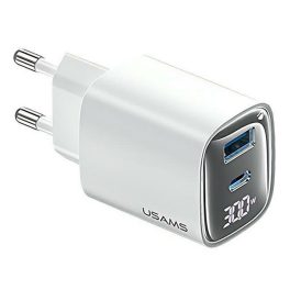   USAMS CC229 hálózati töltő USB+Type-C aljzat (30W, GaN, PD gyorstöltő, LED kijelző) FEHÉR