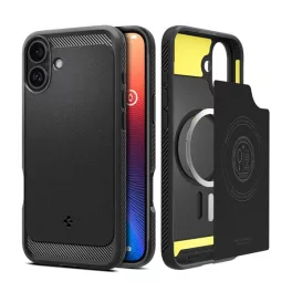   SPIGEN RUGGED ARMOR szilikon telefonvédő (ütésállóság, légpárnás sarok, karbon minta, MagSafe) FEKETE