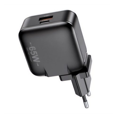 AWEI PD55-EU hálózati töltő USB+Type-C aljzat (65W, GaN, PD gyorstöltő) FEKETE