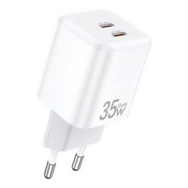   AWEI PD65-EU hálózati töltő 2 Type-C aljzat (35W, GaN, PD gyorstöltő) FEHÉR