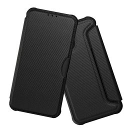   Tok álló, bőr hatású (FLIP, oldalra nyíló, ütésállóság, légpárnás sarok, kameravédő, karbon minta) FEKETE