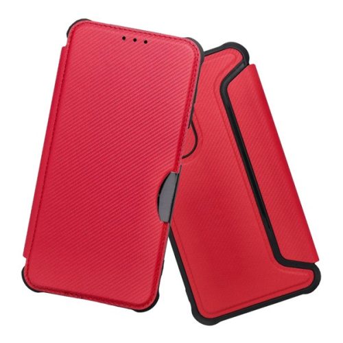 Tok álló, bőr hatású (FLIP, oldalra nyíló, ütésállóság, légpárnás sarok, kameravédő, karbon minta) PIROS