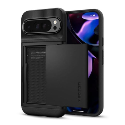 SPIGEN SLIM ARMOR CS szilikon telefonvédő (műanyag hátlap, kártyatartó, ütésállóság, légpárnás sarok) FEKETE