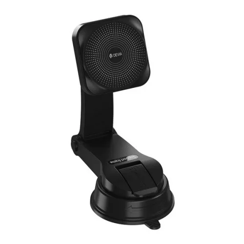 DEVIA autós tartó (műszerfalra, szélvédőre, tapadókorongos, mágneses, 15W, wireless, gyorstöltő, állítható, 360°) FEKETE