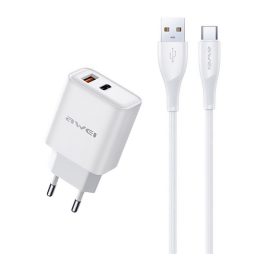 AWEI PD81T-EU hálózati töltő USB+Type-C aljzat (22.5W, GaN, PD gyorstöltő + Type-C kábel) FEHÉR   AWEI PD81T-EU hálózati töltő USB+Type-C aljzat (22.5W, GaN, PD gyorstöltő + Type-C kábel) FEHÉR