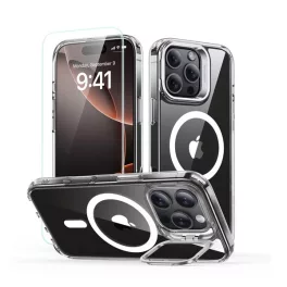   ESR CLASSIC HYBRID szilikon telefonvédő (ütésállóság, légpárnás sarok, kitámasztó, MagSafe + képernyővédő üveg) ÁTLÁTSZÓ