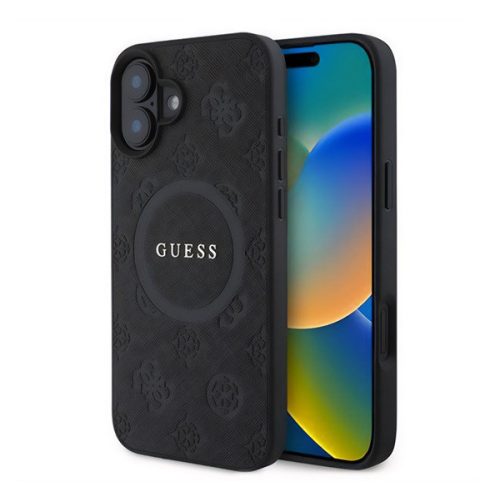 GUESS SAFFIANO PEONY CLASSIC LOGO szilikon telefonvédő (ütésállóság, bőr hatású hátlap, MagSafe) FEKETE