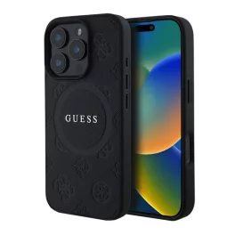   GUESS SAFFIANO PEONY CLASSIC LOGO szilikon telefonvédő (ütésállóság, bőr hatású hátlap, MagSafe) FEKETE