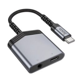   HOCO LS39 audió adapter és töltőkábel (elosztó, Type-C+3.5mm jack aljzat - Type-C, 27W, 15cm) VILÁGOSSZÜRKE