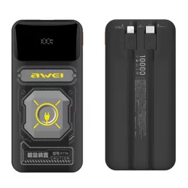   AWEI P77K vésztöltő USB+Type-C aljzat (10000mAh, 22.5W, PD gyorstöltő + fix Type-C+lightning kábel) FEKETE