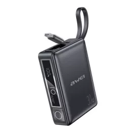   AWEI P87K vésztöltő USB+Type-C aljzat (10000mAh, 30W, PD gyorstöltő + fix Type-C kábel) FEKETE
