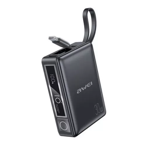 AWEI P87K vésztöltő USB+Type-C aljzat (10000mAh, 30W, PD gyorstöltő + fix Type-C kábel) FEKETE