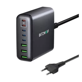   BLITZWOLF BW-S26 hálózati töltő állomás 3 USB+5 Type-C aljzat (250W, GaN, PD gyorstöltő + 150cm tápkábel) FEKETE