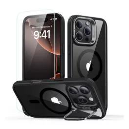   ESR CLASSIC HYBRID szilikon telefonvédő (ütésállóság, légpárnás sarok, kitámasztó, MagSafe + képernyővédő üveg) FEKETE