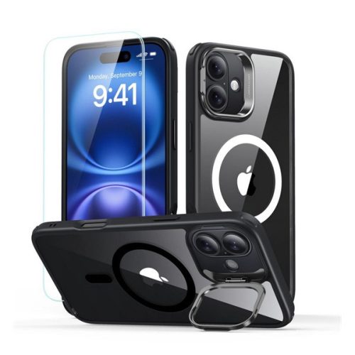 ESR CLASSIC HYBRID szilikon telefonvédő (ütésállóság, légpárnás sarok, kitámasztó, MagSafe + képernyővédő üveg) FEKETE