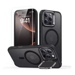   ESR CLASSIC HYBRID szilikon telefonvédő (ütésállóság, kitámasztó, MagSafe, matt + képernyővédő üveg) FEKETE