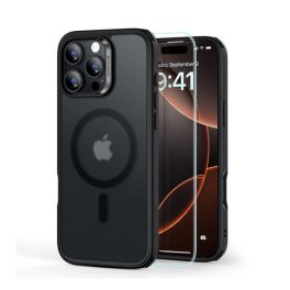 ESR HYBRID HALOLOCK szilikon telefonvédő (ütésállóság, légpárnás sarok, MagSafe, matt + képernyővédő üveg) FEKETE   ESR HYBRID HALOLOCK szilikon telefonvédő (ütésállóság, légpárnás sarok, MagSafe, matt + képernyővédő üveg) FEKETE