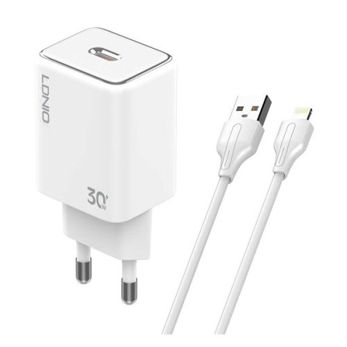 LDNIO A1508C hálózati töltő Type-C aljzat (30W, PD gyorstöltő + lightning kábel) FEHÉR