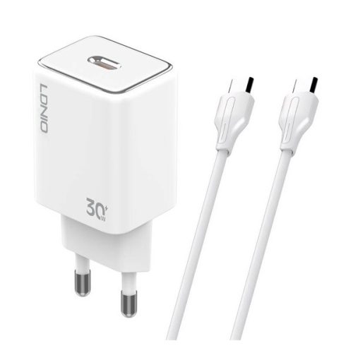 LDNIO A1508C hálózati töltő Type-C aljzat (30W, PD gyorstöltő + Type-C kábel) FEHÉR