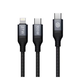   NILLKIN DUALPOWER adatkábel 2in1 (Type-C - Type-C/lightning, 100W, PD gyorstöltő 3.0, cipőfűző, 100cm) FEKETE