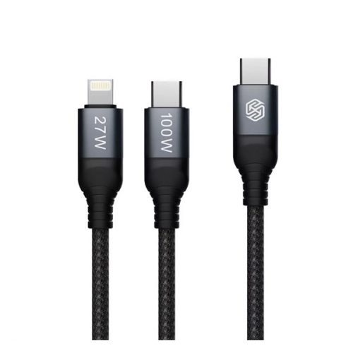 NILLKIN DUALPOWER adatkábel 2in1 (Type-C - Type-C/lightning, 100W, PD gyorstöltő 3.0, cipőfűző, 100cm) FEKETE