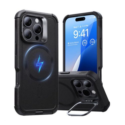 ESR CYBER TOUGH HALOLOCK szilikon telefonvédő (ütésállóság, légpárnás sarok, kitámasztó, MagSafe) FEKETE