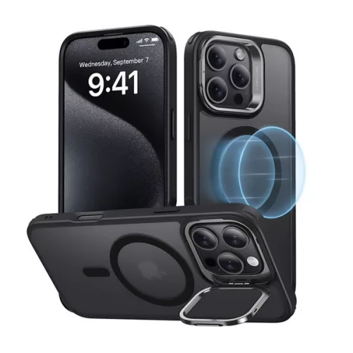 ESR HYBRID HALOLOCK szilikon telefonvédő (ütésállóság, légpárnás sarok, kitámasztó, MagSafe, matt) FEKETE